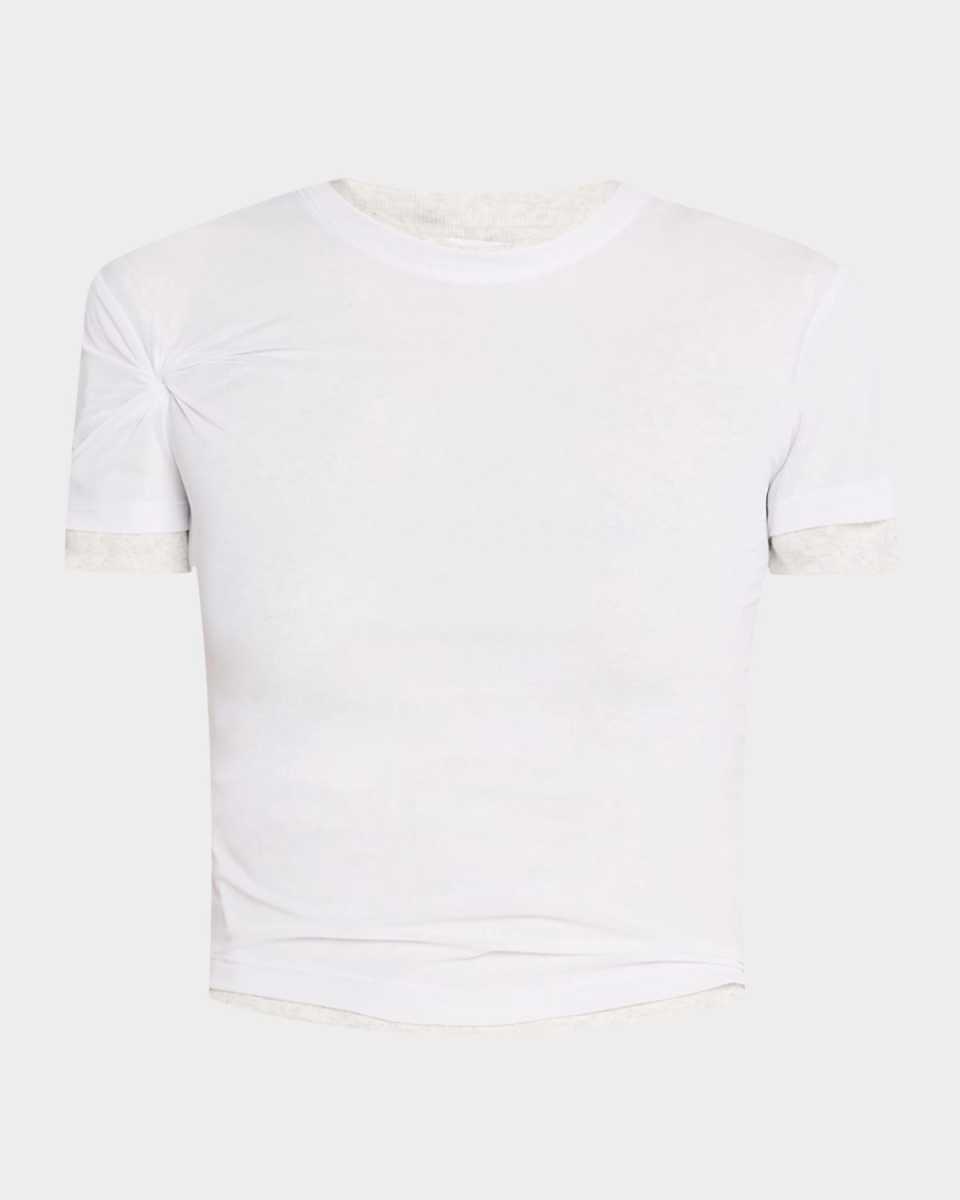 Sheer Overlay Twisted Short-Sleeve Rib T-Shirt